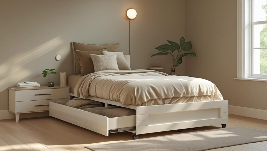 a twin size platform bed with deep pull out storage drawers underneath, placed in a neutral toned small bedroom.