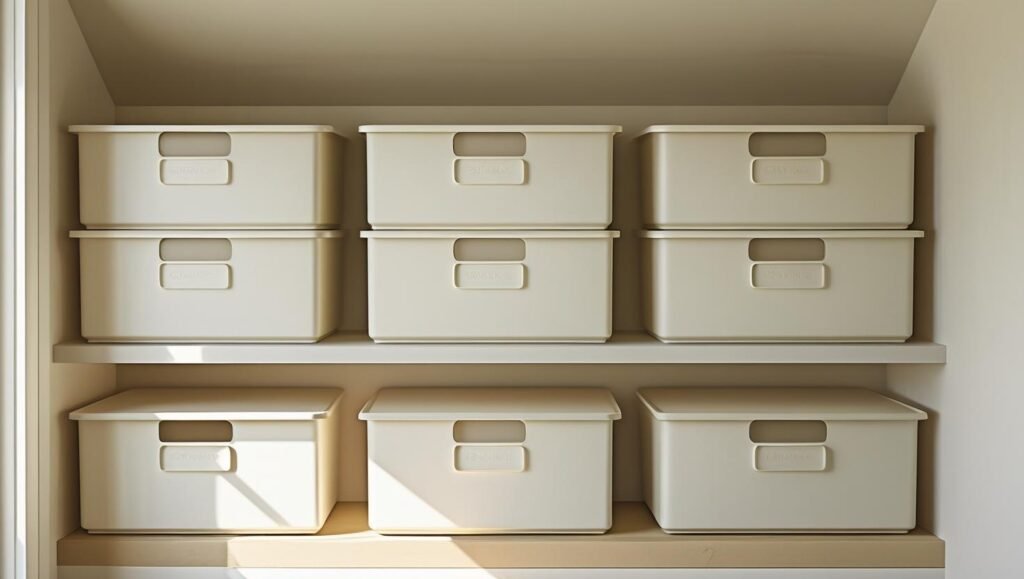 a wall shelf with six matching lidded bins in soft beige or white, neatly labeled and symmetrically arranged in a small office nook