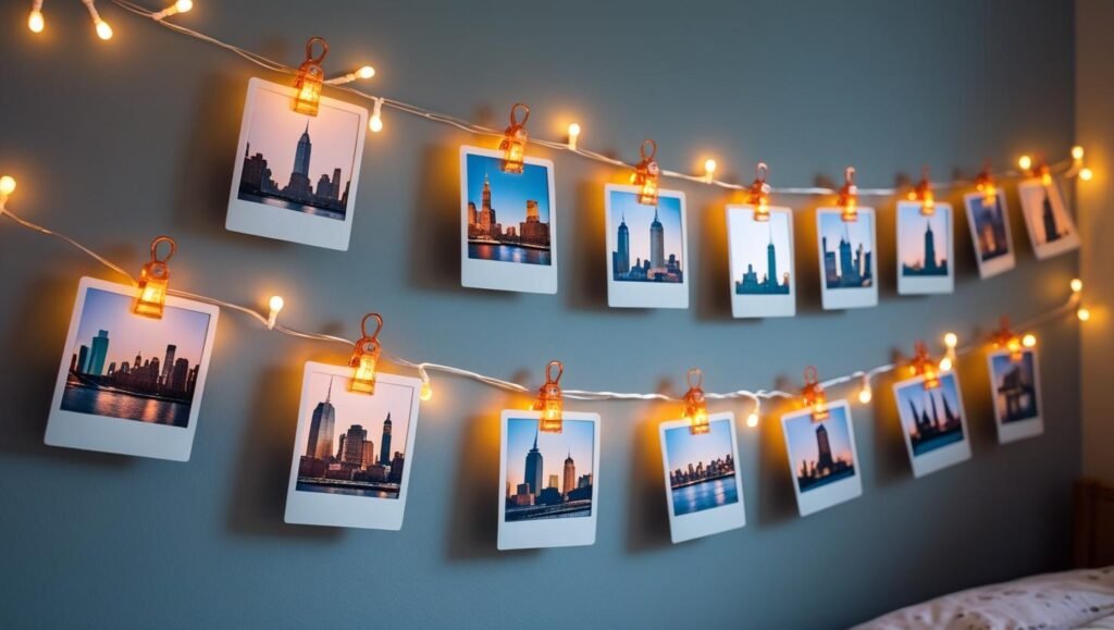 a wall with warm string lights clipped with polaroids of new york city. soft glow, cozy vibe. teen or adult bedroom with casual styling.