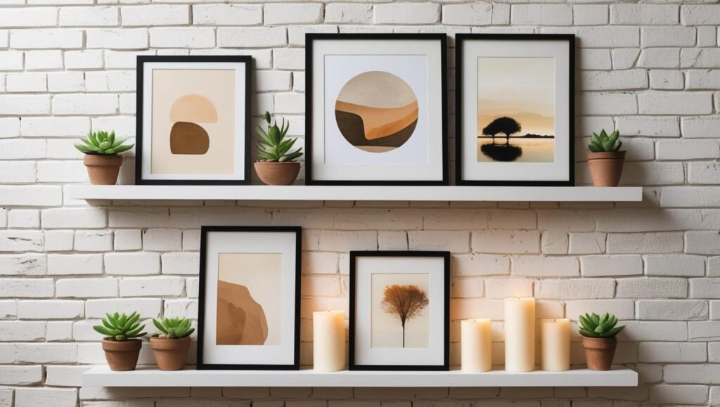 a wall with white picture ledges displaying layered art prints and photos. casual, curated styling. small plants and candles styled nearby.
