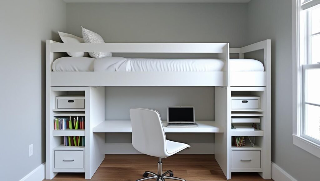 a white lofted twin bed in a small room with a sleek desk and floating shelves underneath. add a task chair, a laptop, and organized school supplies. wall color should be light to brighten space.