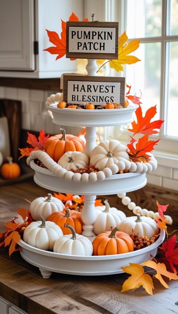 a white tiered tray decorated with small wooden fall signs that read “pumpkin patch” and “harvest blessings,” mini pumpkins