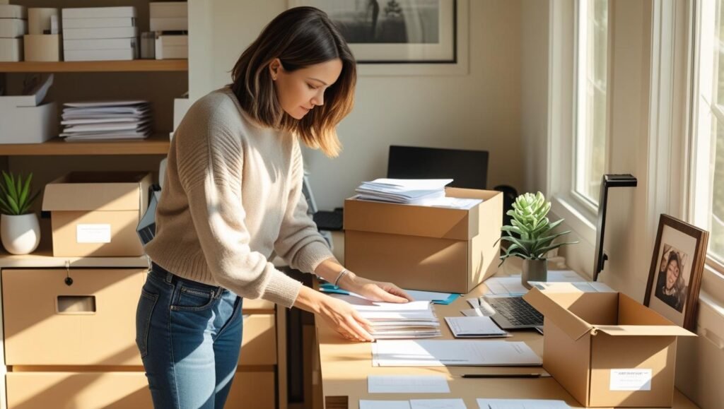 a woman in her 30s clearing off a cluttered desk in a small home office, putting items into labeled boxes, creating an almost empty workspace (1)