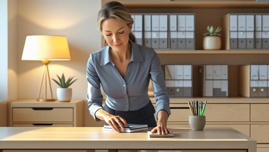 a woman in her 40s wiping down her desk and placing items back in drawers at the end of the day; background shows tidy workspace and soft lighting.