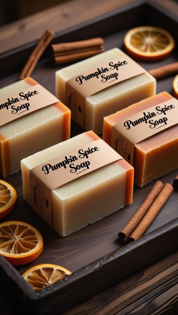 artisan soap bars in warm fall colors like cream and burnt orange, labeled with kraft paper bands reading “pumpkin spice soap,” displayed