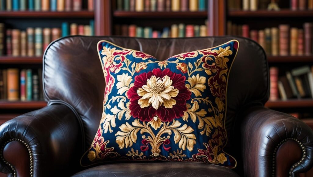 baroque floral tapestry pillow on a dark leather armchair, bookshelf with vintage books in background