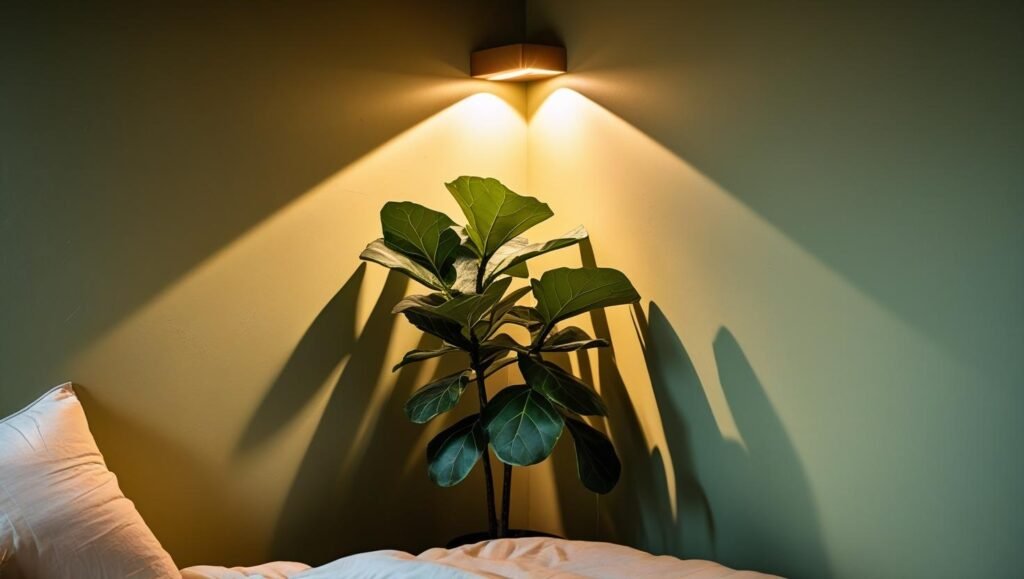 bedroom corner with a tall leafy plant softly lit from behind with a warm uplight, shadows adding depth to the wall