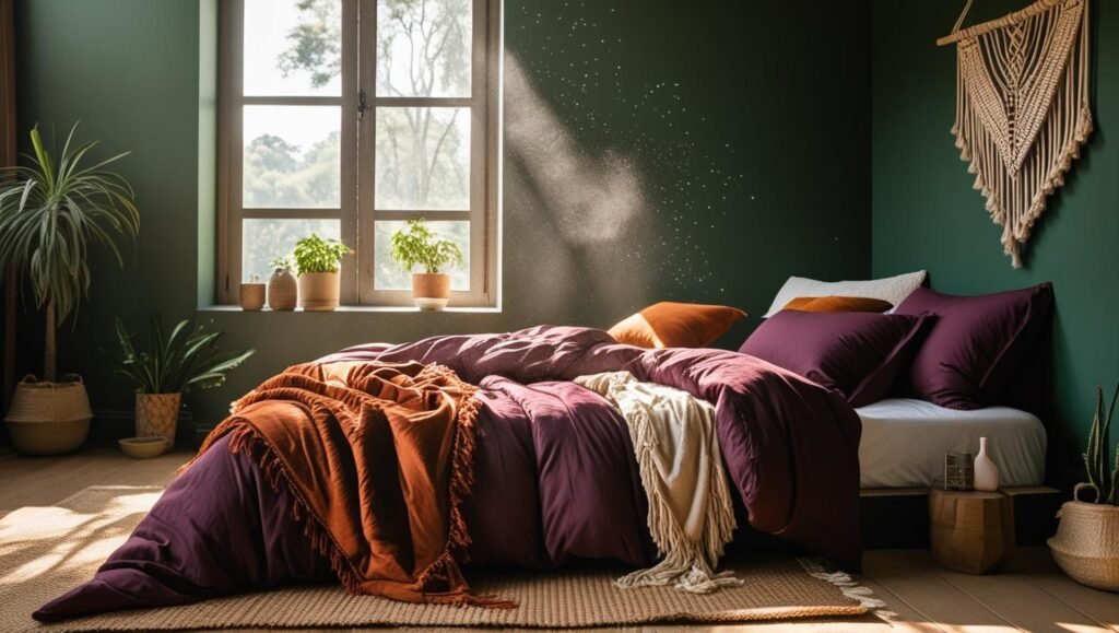 boho bedroom with dark green accent wall, deep plum and burnt orange bedding, natural light coming in.