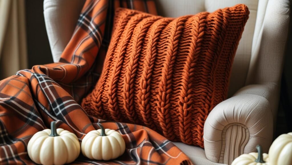 burnt orange chunky knit pillow on a light beige chair, surrounded by a plaid throw and mini white pumpkins, cozy corner setting