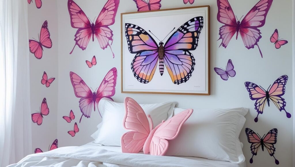 butterfly themed bedroom decor large butterfly wall decals in pink and purple tones, framed butterfly art, and butterfly shaped pillow on the bed.