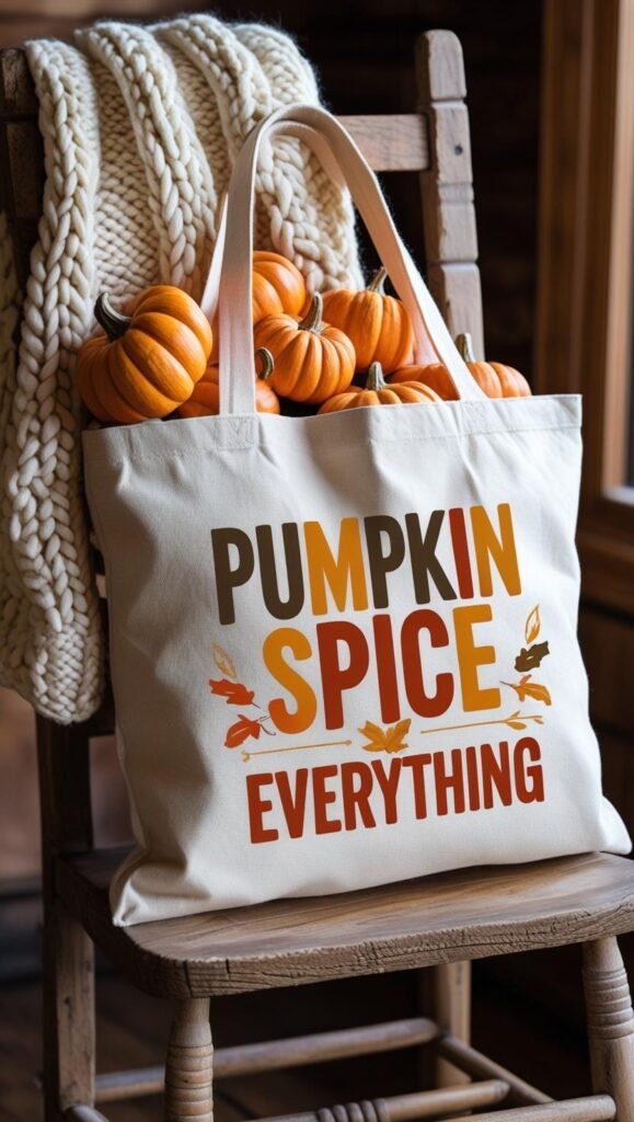 canvas tote bag with “pumpkin spice everything” printed in bold fall colored lettering, styled with a chunky knit throw and mini pumpkins inside
