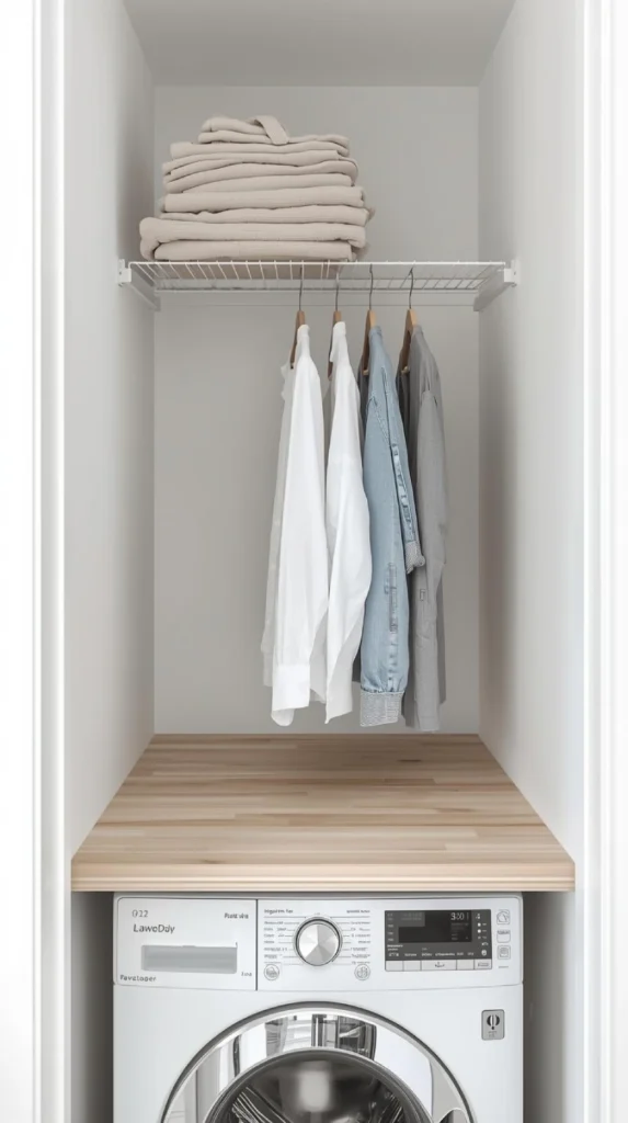 ceiling mounted drying rack with wooden hangers holding shirts above a washing machine.