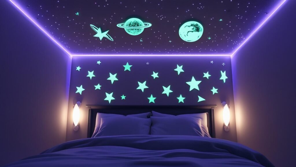 ceiling view of a dimly lit bedroom with glow in the dark stars and planets shining above the bed, soft lavender led lights outlining the room.