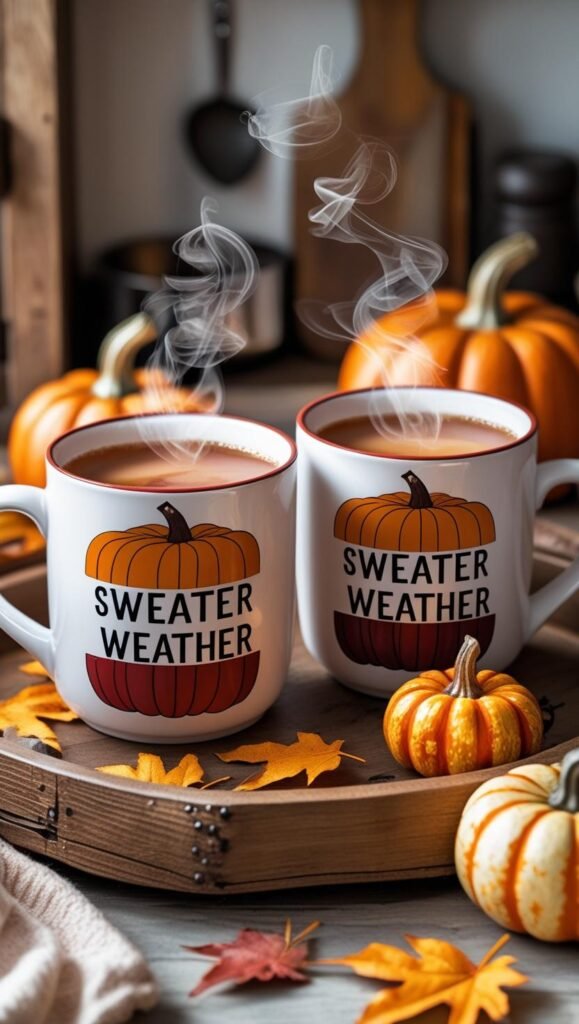 ceramic mugs with “sweater weather” and pumpkin designs in warm fall colors, placed on a wooden tray with a steaming hot drink