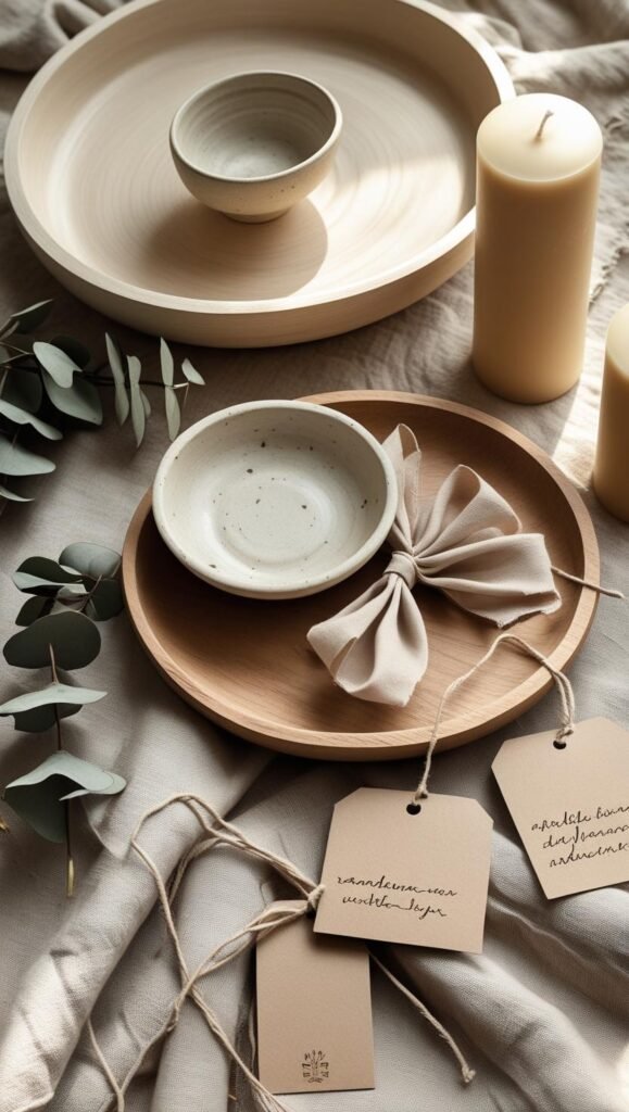 close up flat lay of handmade scandinavian home accessories on a textured linen surface hand thrown ceramic bowls