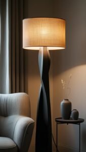 close up of a japandi style floor lamp with a sculptural wooden or matte black