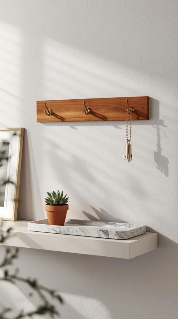 close up of a handcrafted wooden key holder with brass hooks mounted on a white plaster wall.