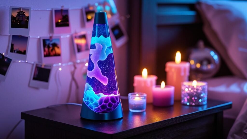 close up of a lava lamp glowing in blue and purple on a nightstand, close by pastel candles, glitter decor, and a polaroid photo string light.