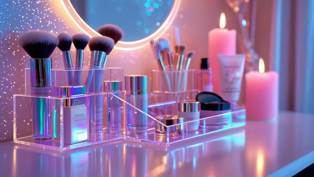close up of a modern vanity setup with iridescent acrylic organizers, holographic mirror tray, pastel pink candles, and a sparkle effect wall behind it. soft lighting, futuristic early 2000s vibe.
