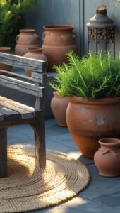 close up of a rustic patio corner featuring a weathered wood bench, large terracotta planter.