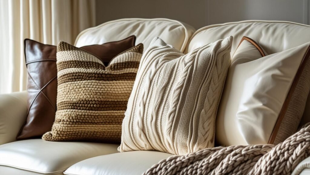 close up of four pillow covers on a cream sofa faux leather, tufted cream, and woven neutral, with wood accents and a chunky throw blanket nearby.