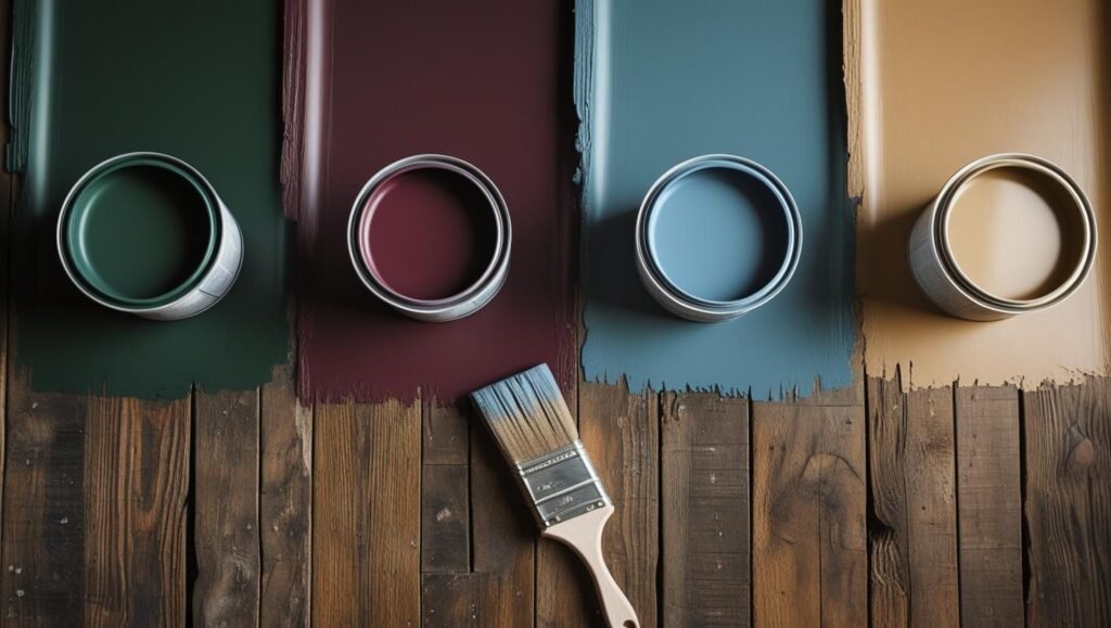 close up of painted wall swatches deep green, burgundy, oxford blue, and warm brown, with paintbrush and open paint cans on rustic wood floor, softly lit, realistic photography