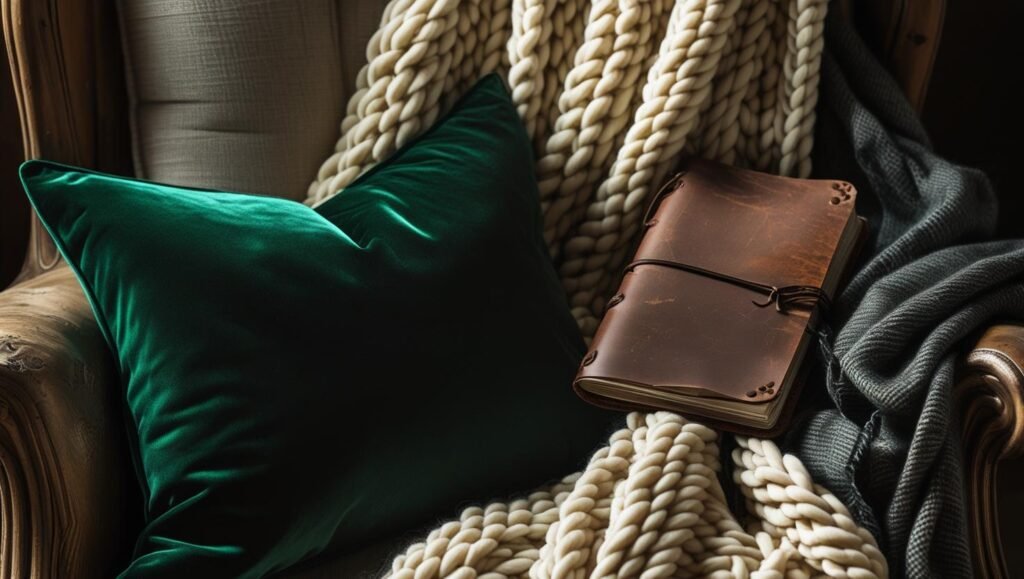 close up of velvet throw pillow, chunky knit blanket, leather journal, and tweed scarf draped over a rustic wooden chair, warm moody lighting, realistic photography