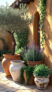 collection of mediterranean plants in rustic planters on a stone patio.