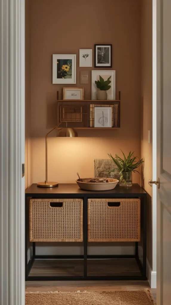 compact entry nook with a slim black metal framed console featuring two rattan drawers.