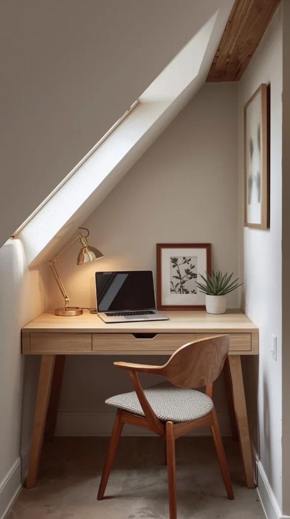compact writing desk tucked under a loft’s sloped ceiling. white or pale wood desk