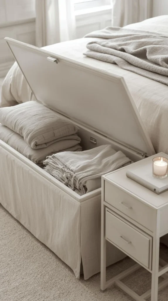 corner of a loft bedroom showing a storage bench at the foot of the bed and nesting side tables