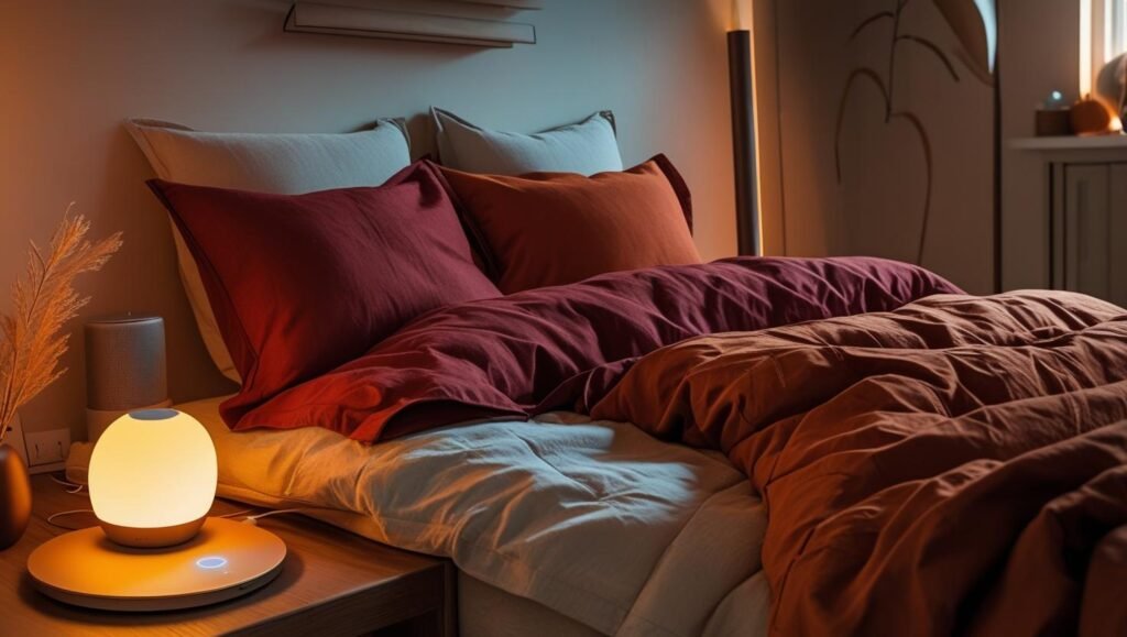 cozy bedroom scene with a smart bulb lamp showing a warm amber glow, minimalist décor, rich fall bedding, tech friendly details