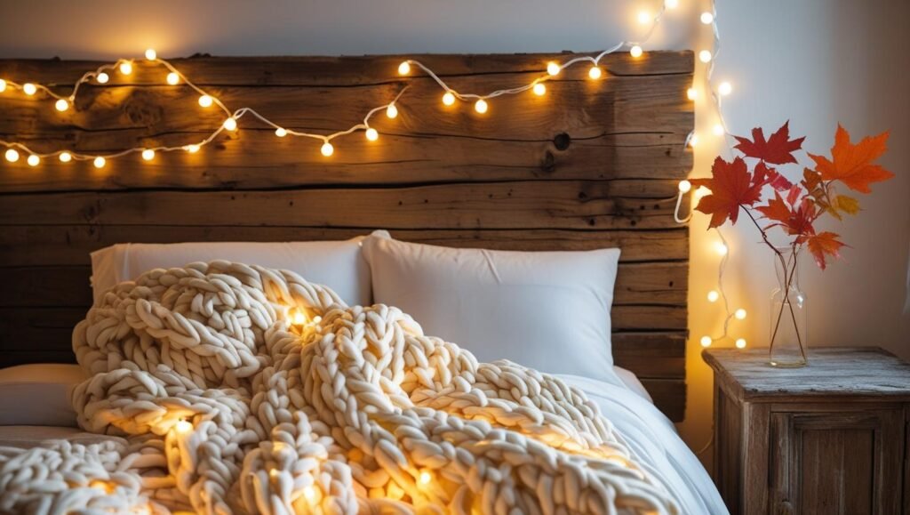 cozy bedroom with warm white string lights draped over a rustic wooden headboard, chunky knit blanket, autumn leaves on the nightstand