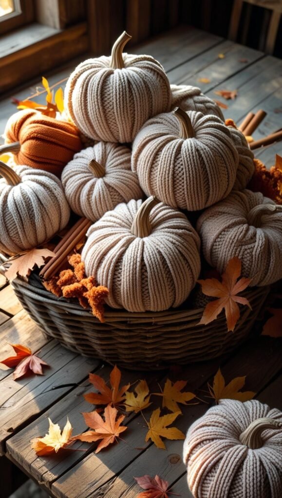 cozy neutral toned chunky knit pumpkins made from soft chenille yarn, arranged in a rustic wicker basket on a wooden table