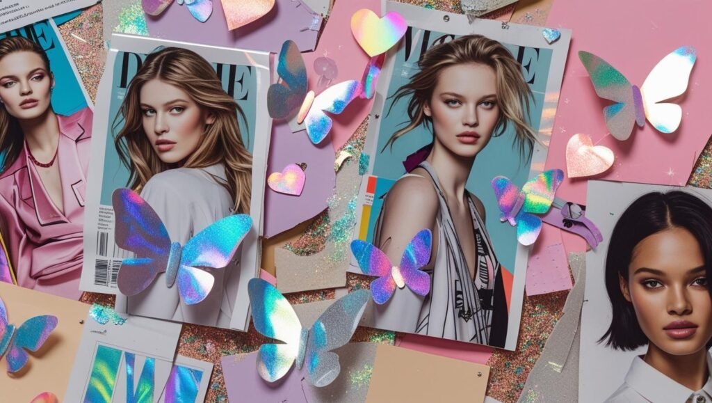 diy pinboard with a y2k mood board cut out fashion magazine clippings, butterfly and heart stickers, glitter and pastel paper scraps. creative, scrapbook style wall art.