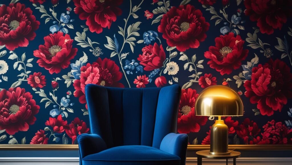 dramatic floral wallpaper accent wall with deep red and navy tones with chair and lamp in front.