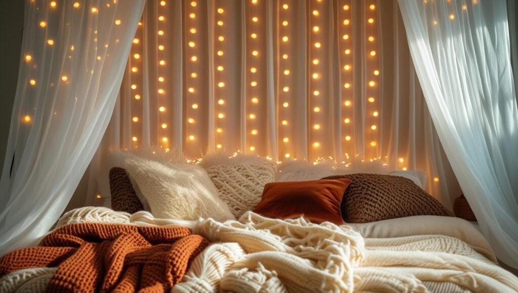 dreamy bedroom with curtain string lights behind sheer drapes, soft golden lighting, plush bedding, and cozy fall textures