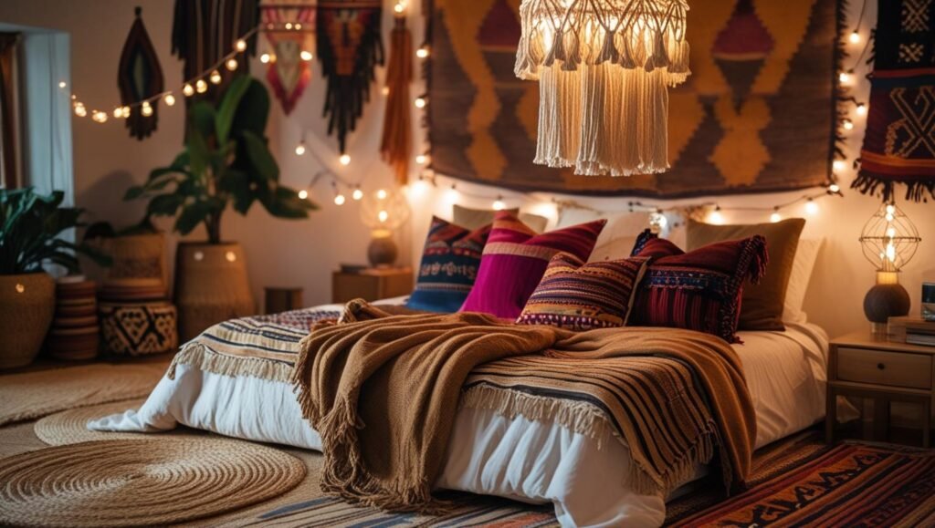 eclectic boho bedroom with a tassel chandelier, woven rugs, patterned throw pillows, warm layered lighting