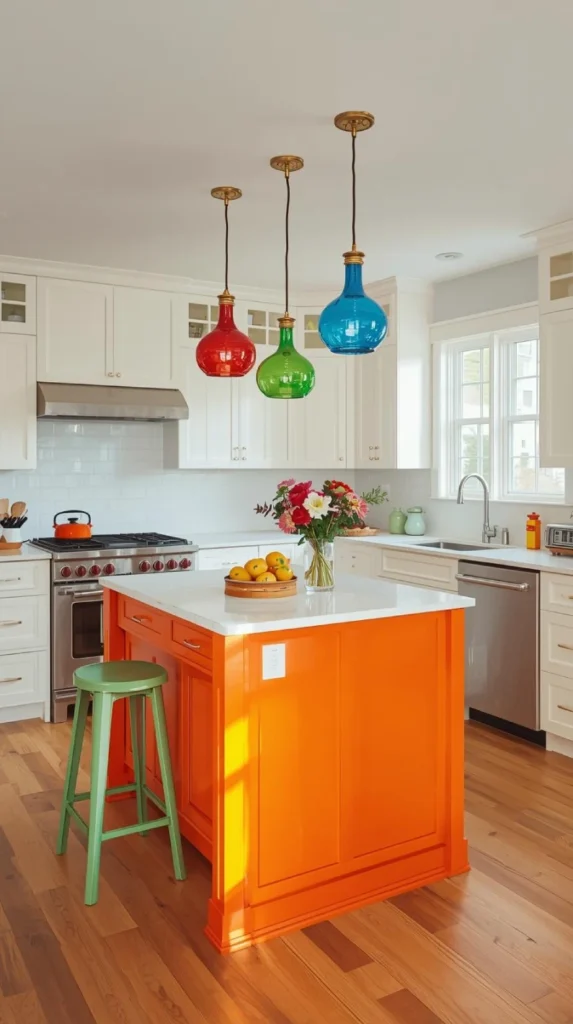 eclectic kitchen with colorful glass pendant lights in red green blue