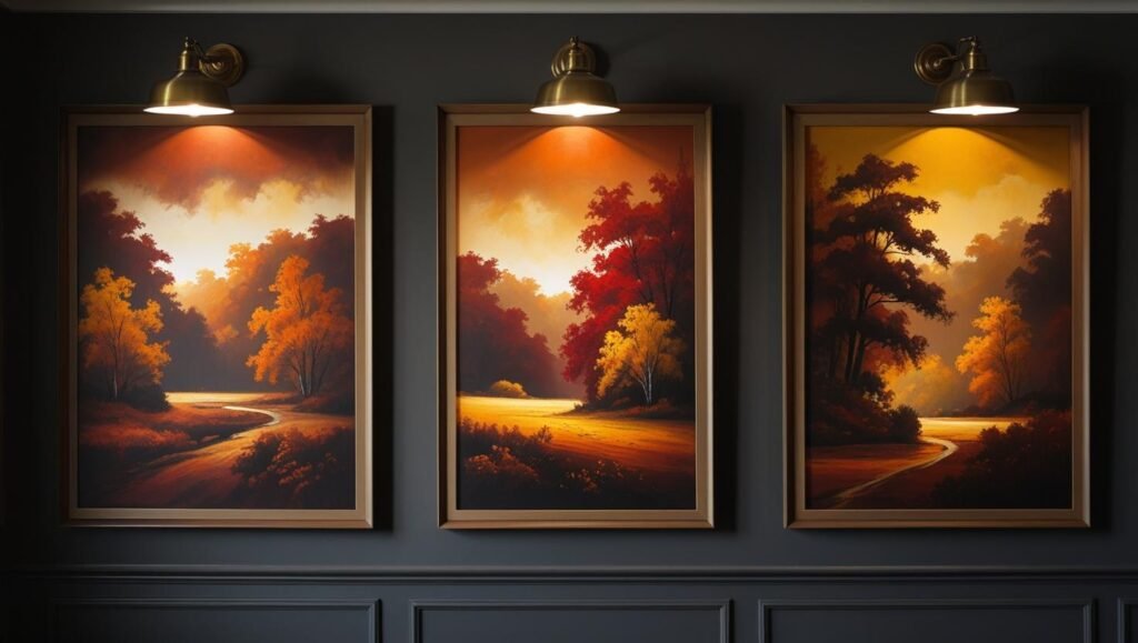 elegant bedroom wall featuring framed autumn artwork lit by brass picture lights, moody yet inviting atmosphere