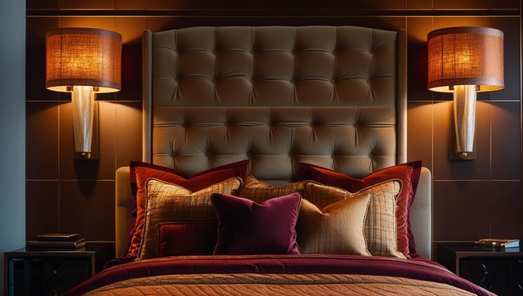 elegant bedroom wall with two fabric shaded sconces, warm amber light, tufted headboard, layered fall bedding in rich tones