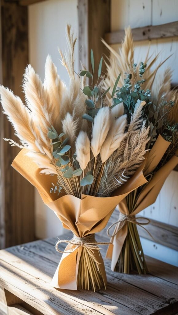 elegant dried floral bouquets with pampas grass, eucalyptus, and bunny tails wrapped in kraft paper and tied with jute twine