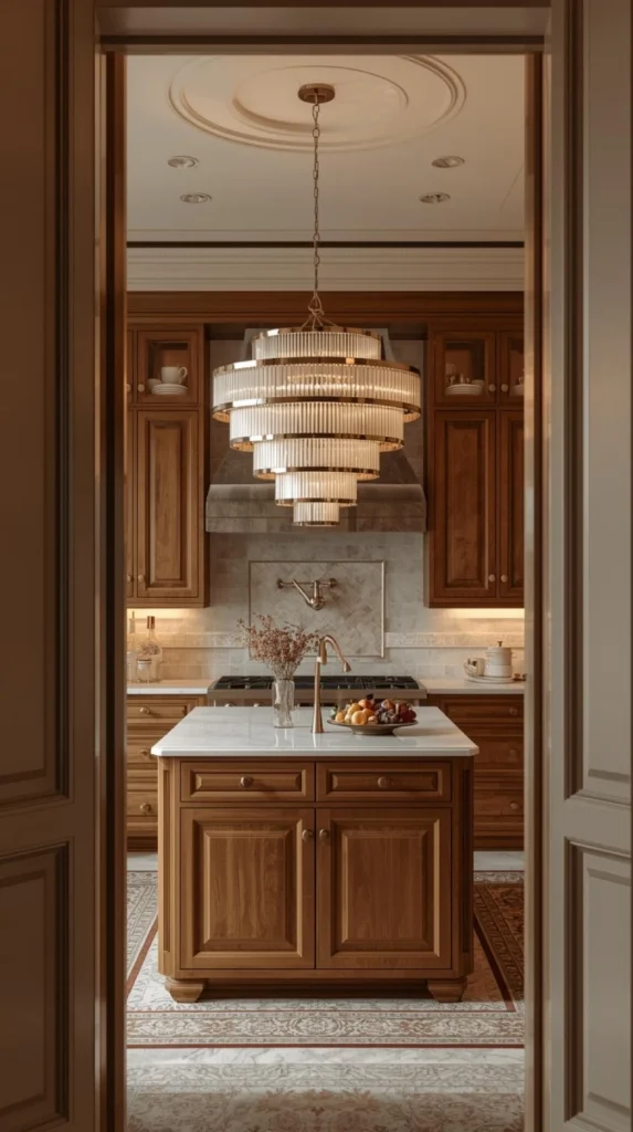 elegant kitchen with a multi tiered chandelier or pendant light above the island