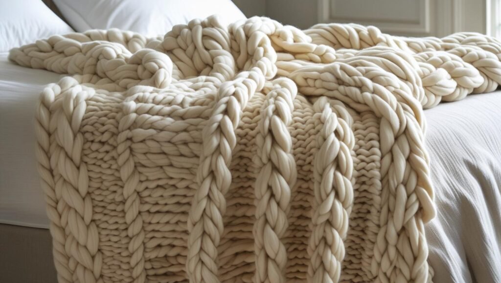 end of a bed styled with a chunky oversized throw blanket in thick knit or woven wool