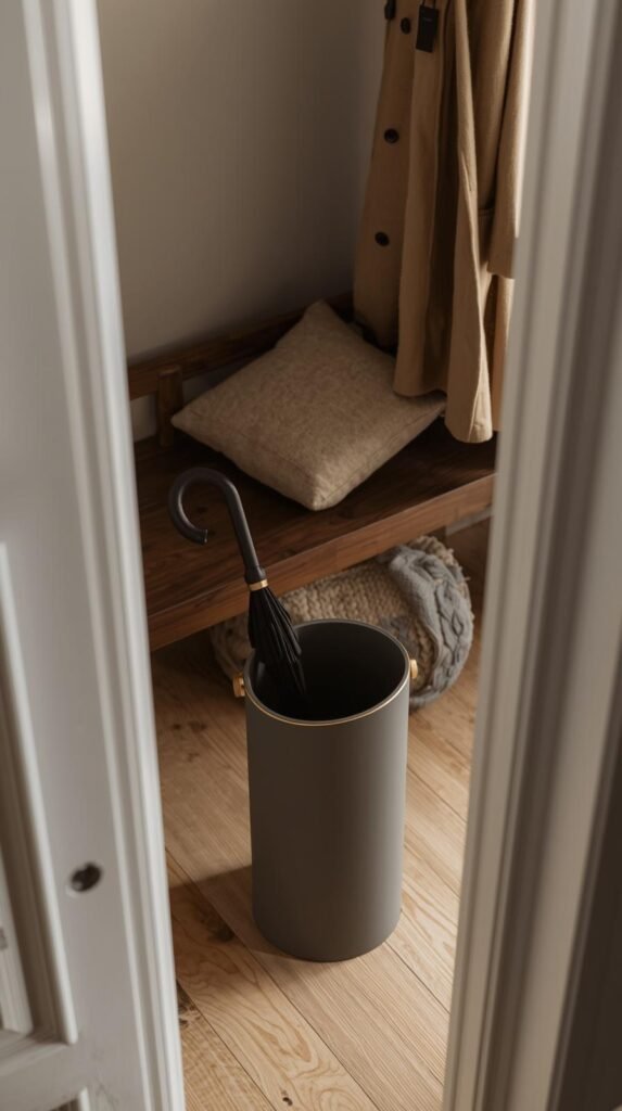 entry corner vignette featuring a matte ceramic umbrella stand with gold rim detailing.