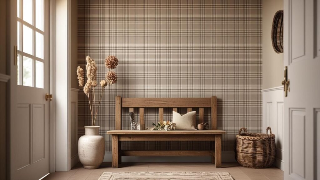 entryway with neutral plaid wallpaper accent wall. wooden bench in front with decor on the bench.