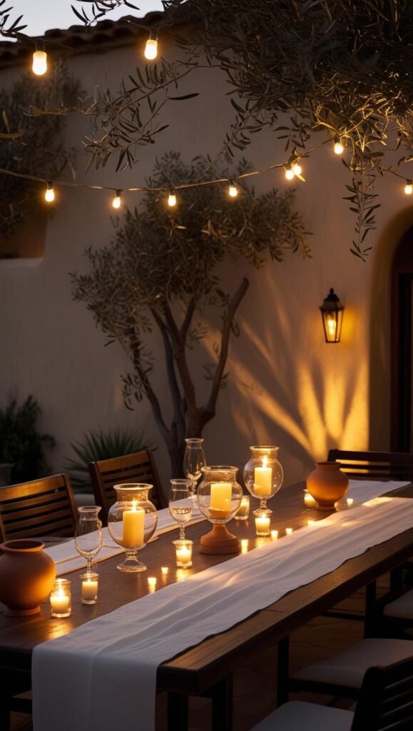 evening mediterranean patio setting with string lights hanging across above, clay lanterns