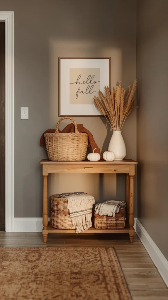 fall themed entryway styled with mini white pumpkins, wheat stems in a vase, woven basket of plaid throws, and a hello fall