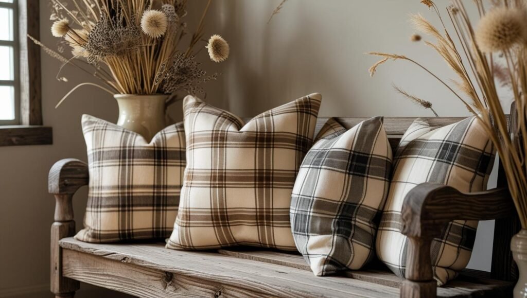 farmhouse style room with patchwork plaid pillows on a rustic wood bench, neutral tones, dried florals in background