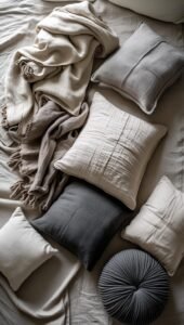 flat lay of japandi inspired textiles on a neutral toned linen surface folded cotton